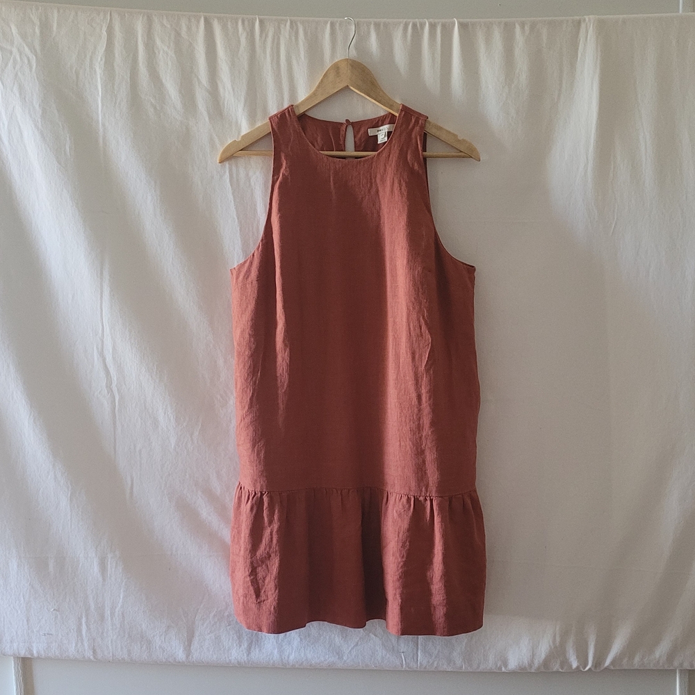 Linen Blend Terra Cotta Women's Sleeveless Ruffle-Hem Dress Pockets Large
